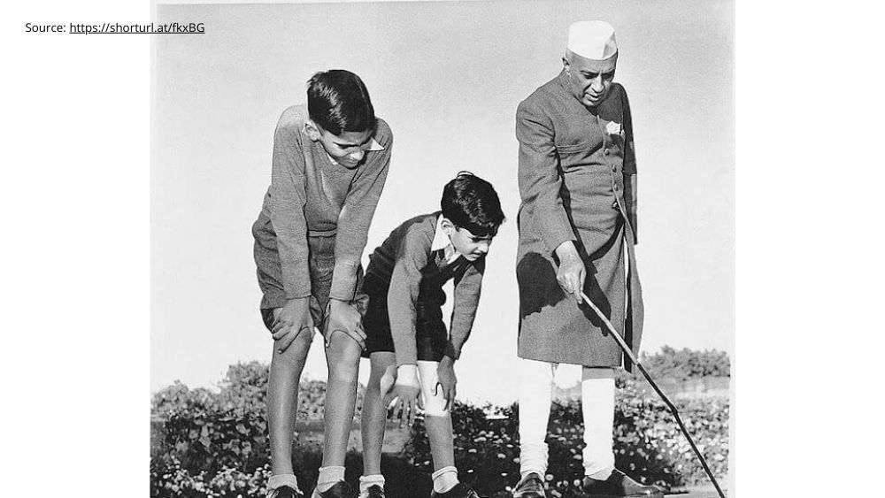 Indian Prime Minister Jawaharlal Nehru with his grandsons Rajiv & Sanjay Gandhi